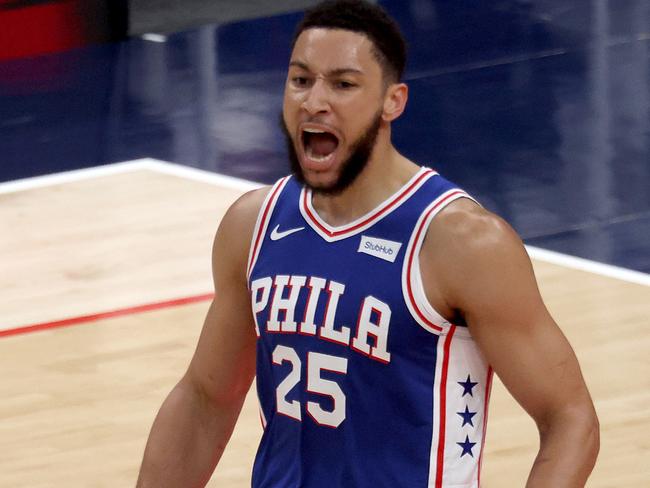 WASHINGTON, DC - MAY 29: Ben Simmons #25 of the Philadelphia 76ers celebrates after scoring against the Washington Wizards in the first half during Game Three of the Eastern Conference first round series at Capital One Arena on May 29, 2021 in Washington, DC. NOTE TO USER: User expressly acknowledges and agrees that, by downloading and or using this photograph, User is consenting to the terms and conditions of the Getty Images License Agreement. (Photo by Rob Carr/Getty Images)