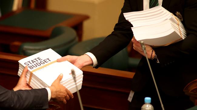 SA Treasurer Rob Lucas hands down the 2020-21 State Budget during Question Time. Picture: NCA NewsWire / Kelly Barnes