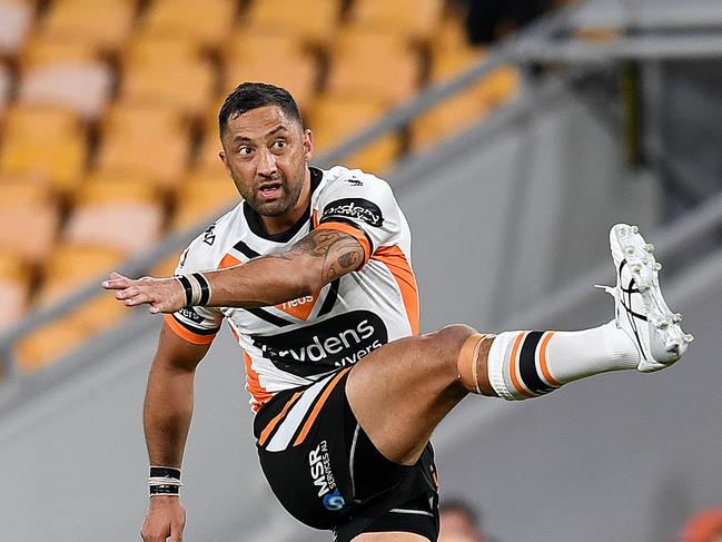 Benji Marshall of the Tigers looks on after converting a field goal during the Round 4 NRL match between the Gold Coast Titans and the Wests Tigers at Suncorp Stadium in Brisbane, Sunday, June 7, 2020. (AAP Image/Dan Peled) NO ARCHIVING, EDITORIAL USE ONLY