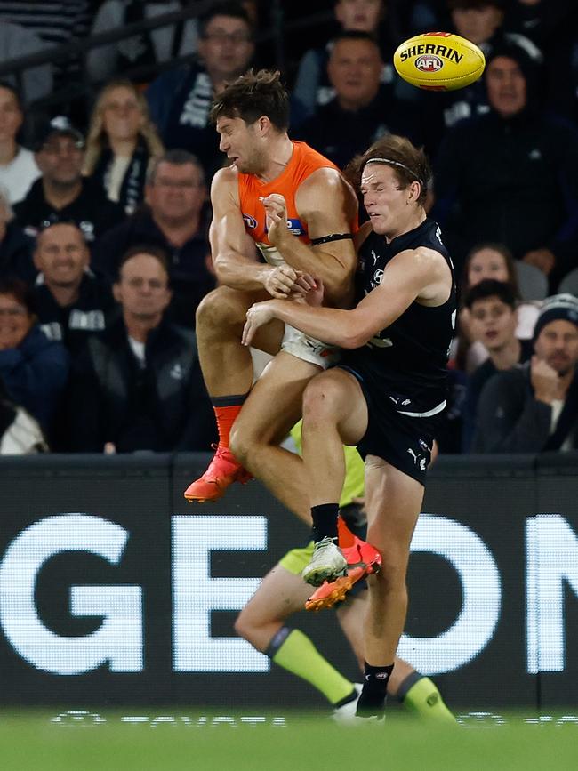 Toby Greene will serve a one-match suspension for this hit on Carlton’s Jordan Boyd. (Photo by Michael Willson/AFL Photos via Getty Images)