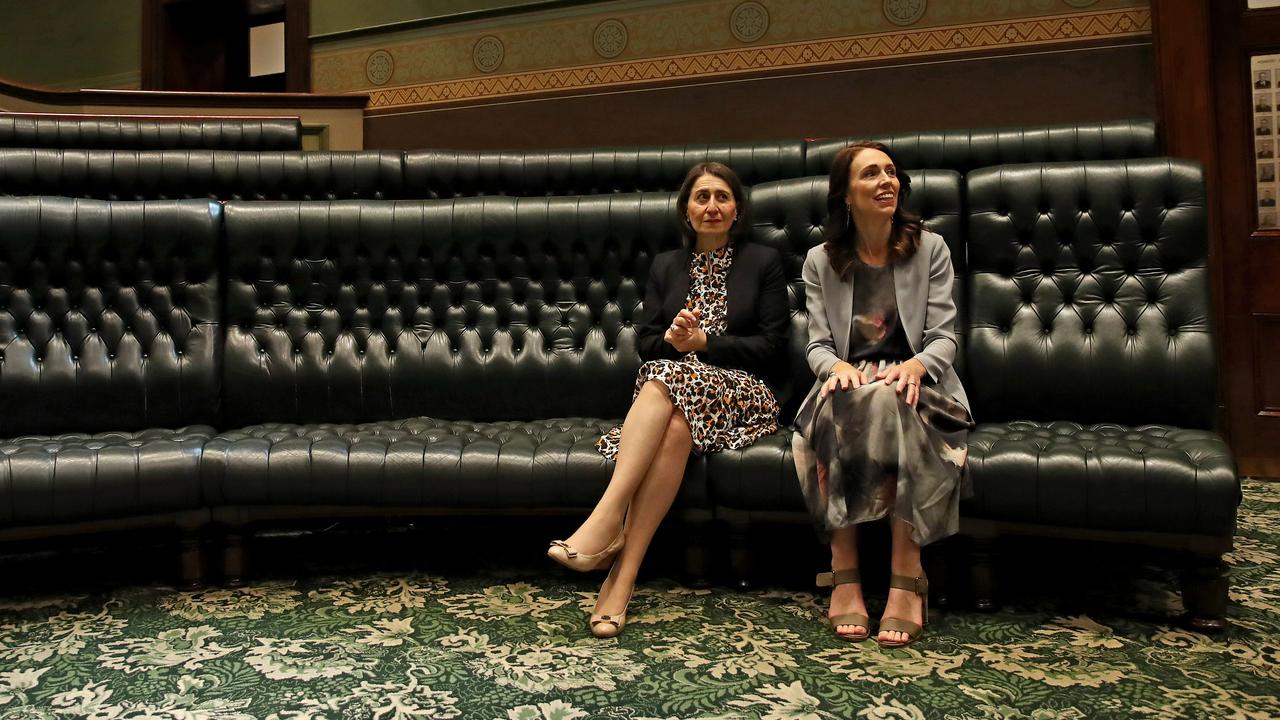 The pair take a seat in Parliament House, Sydney. Picture: Toby Zerna