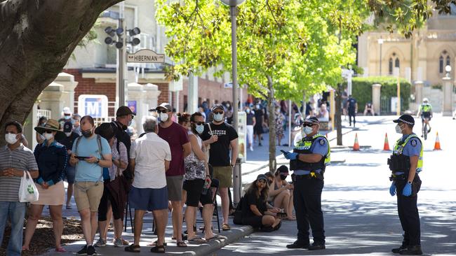 People wait in line for Covid-19 tests at Perth Royal Hospital. Picture: Matt Jelonek/Getty Images