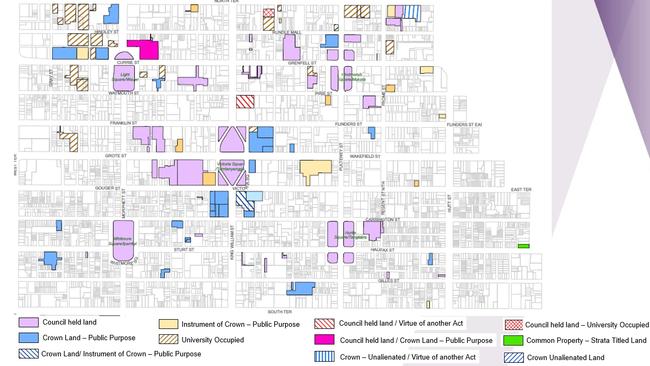 Maps showing the exempted land within Adelaide City Council which does not have to pay rates. Image: Adelaide City Council