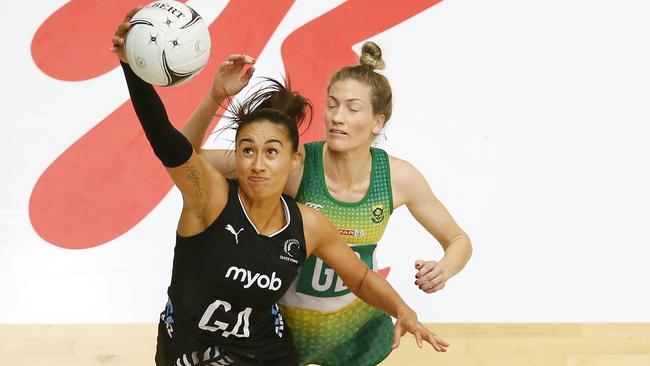 Maria Folau of the Silver Ferns competes against Karla Pretorius of South Africa during their Quad Series in Tauranga earlier this week. Picture: Getty Images