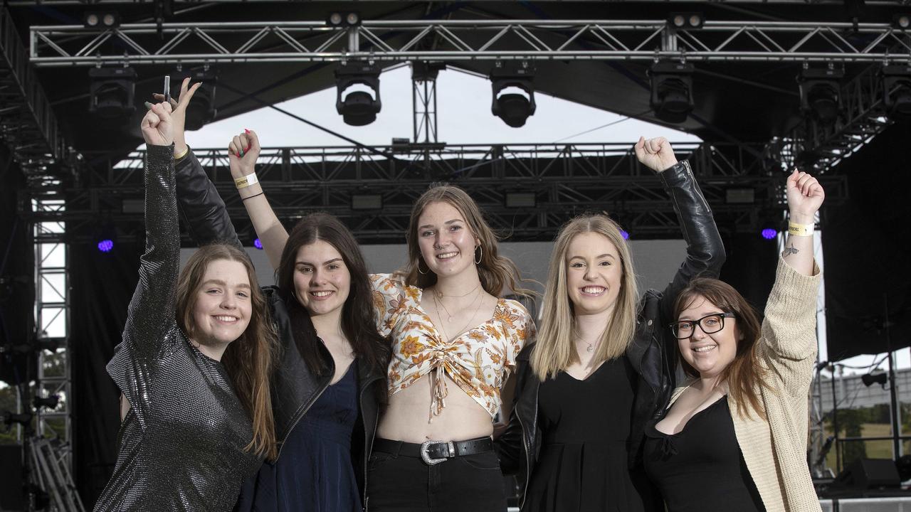 April Mohr of Launceston, Amy McIvor of Launceston, Storm Lord of Bicheno, Lara Shadbolt of Launceston and Taylah Reid of Launceston at the Veronicas concert, Hobart. Picture Chris Kidd