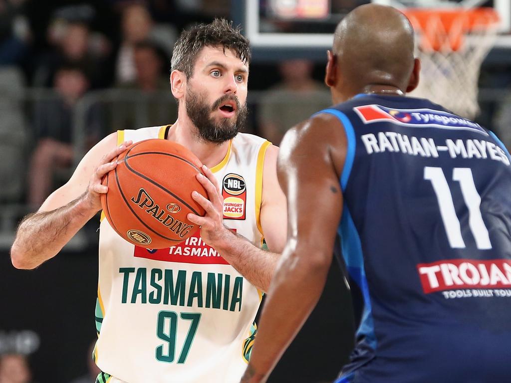 Jarrad Weeks of the Jackjumpers looks to make a pass during the round three NBL match between Melbourne United and Tasmania Jackjumpers at John Cain Arena, on October 16, 2022, in Melbourne, Australia. (Photo by Robert Prezioso/Getty Images)