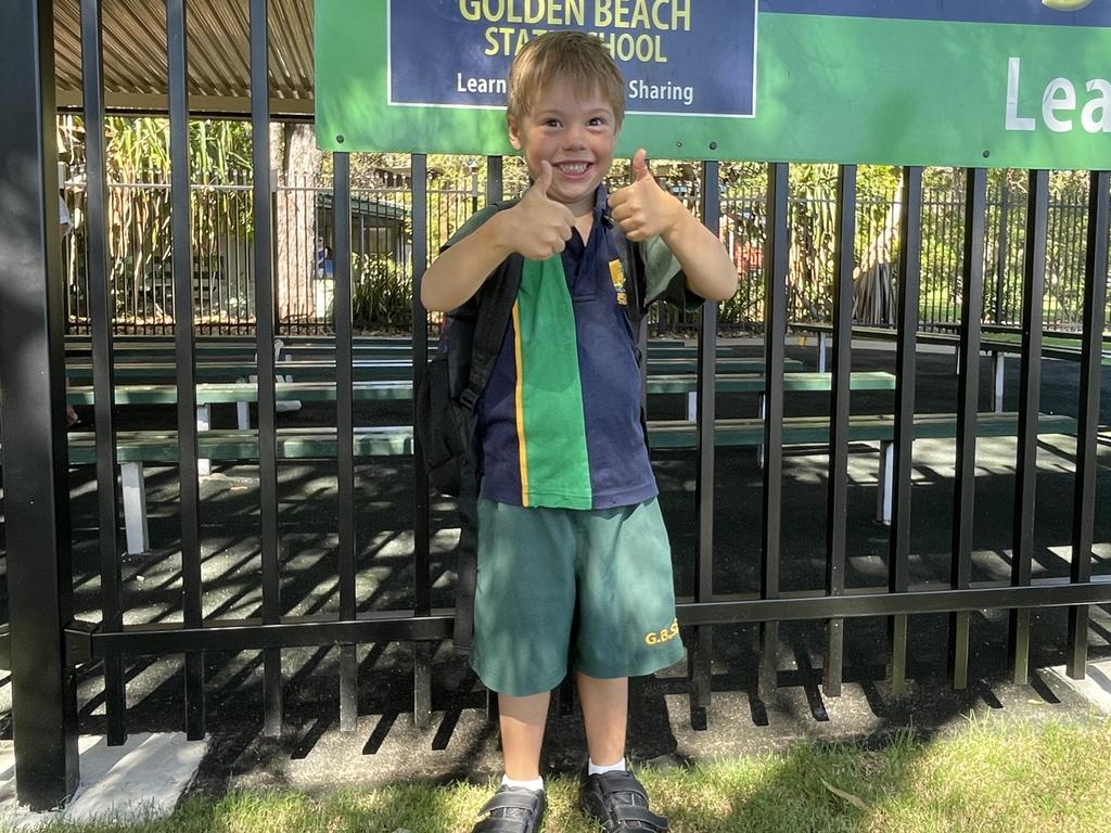 Jamie on his first day of school at Golden Beach State School. Picture: Iwan Jones