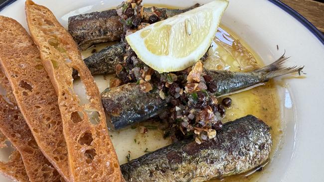 Sardines with pickled currants and almonds at Pearl restaurant, Aldinga Beach. Picture Simon Wilkinson