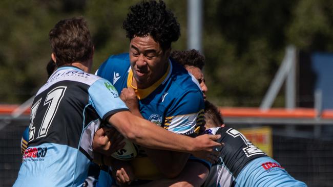 Parramatta’s Talagi-Seuala threatens the Cronulla defence. Picture: Monique Harmer