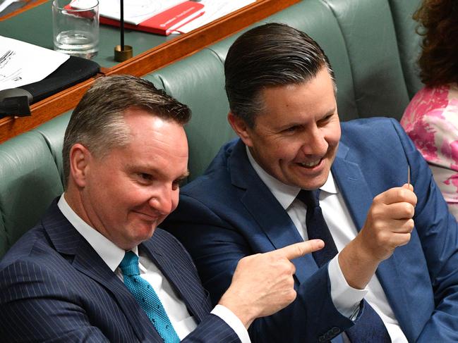 Shadow Treasurer Chris Bowen and Shadow Minister for Energy Mark Butler taunt Government MPs with a toothpick every time they mention the phrase “big stick”. Picture: AAP Image/Mick Tsikas