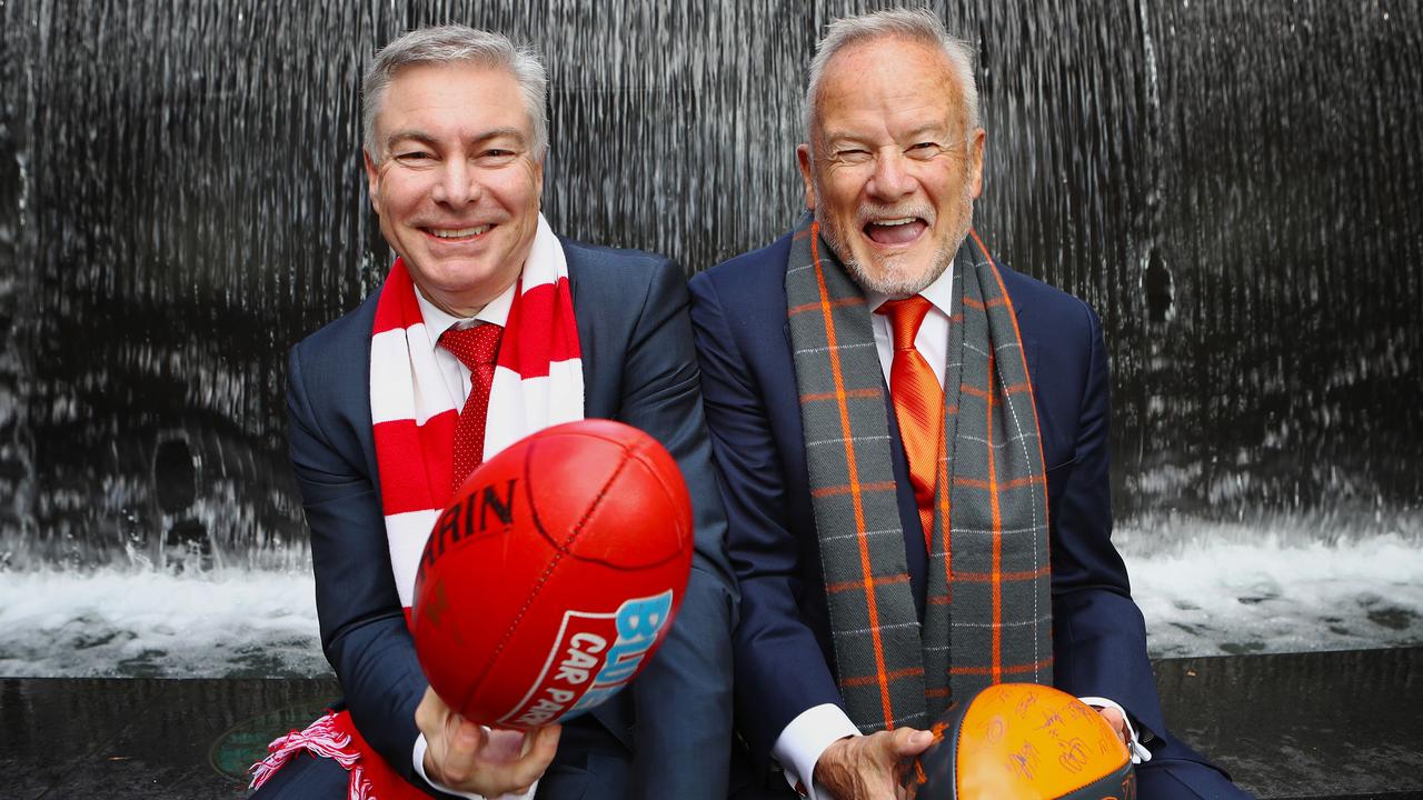 Giants chairman Tony Shepherd, right, picture with Sydney chairman Andrew Pridham says the proposal is worthy of consideration. Picture: Hollie Adams