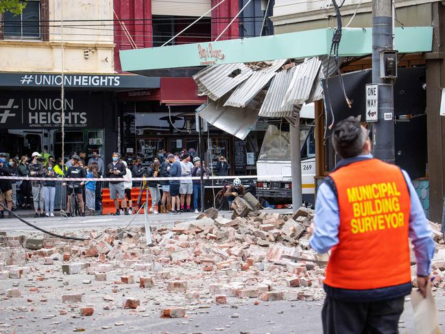 Debris in Melbourne’s Chapel Street after the 2021 earthquake. Picture: Mark Stewart