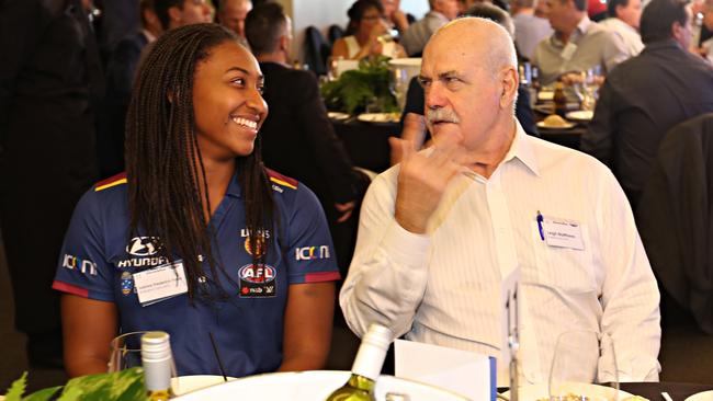 Brisbane AFLW star Sabrina Frederick-Traub with AFL legend Leigh Matthews. Picture: Annette Dew