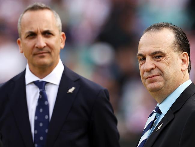 SYDNEY, AUSTRALIA - APRIL 25:  Andrew Abdo the Chief Executive Officer of the National Rugby League and Peter V'landys the Chairman of the Australian Rugby League Commission are seen as they wait to take part in the pre-game ANZAC ceremony before  the round seven NRL match between the St George Illawarra Dragons and the Sydney Roosters at Sydney Cricket Ground, on April 25, 2022, in Sydney, Australia. (Photo by Mark Kolbe/Getty Images)