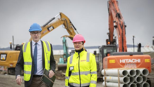 Minister for State Growth Michael Ferguson and Macquarie Point Development Corporation CEO Mary Massina at The Escarpment. Picture Chris Kidd