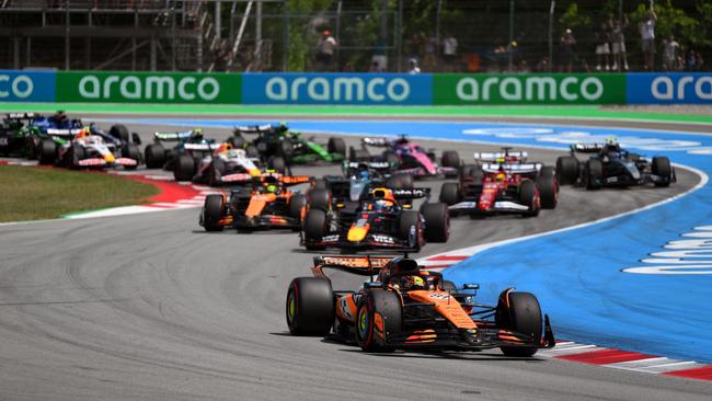 Oscar Piastri leads into the first corners on his way to victory at the Spanish Grand Prix. Picture: Getty