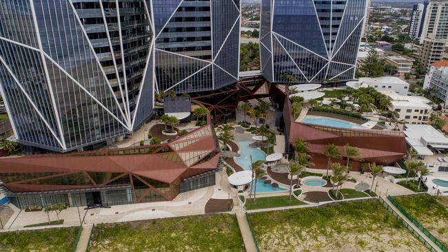 New drone photos of the Jewel towers’ ground floor installations at Surfers Paradise. Picture: Jerad Williams