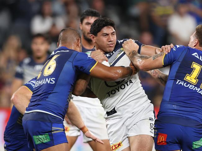 SYDNEY, AUSTRALIA - APRIL 13: Jason Taumalolo of the Cowboys is tackled during the round six NRL match between Parramatta Eels and North Queensland Cowboys at CommBank Stadium on April 13, 2024 in Sydney, Australia. (Photo by Jason McCawley/Getty Images)