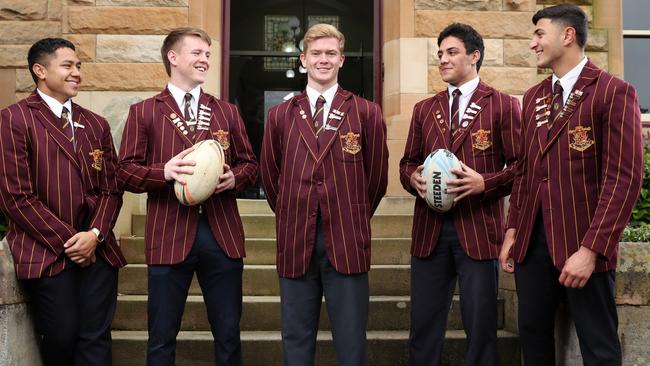 Holy Cross College players (l to r) Sione Latoa-Vaihu, Zayn Wilkins, Dylan Cowin, Krystian Mapapalangi and Danny Gabrael at the school in Ryde. The school will play Westfields Sports High in the quarter finals next week of the NRL Schoolboy Cup. Picture: Jonathan Ng