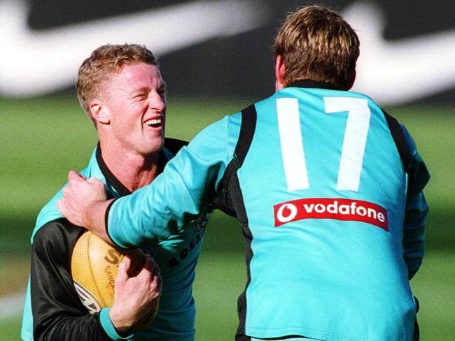 Damien Hardwick and Stuart Dew at Port Adelaide training in 2002.