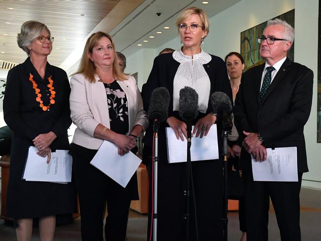 Independent Member for Indi Helen Haines, Centre Alliance member for Mayo Rebekha Sharkie, Independent Member for Warringah Zali Steggall and Independent Member for Clark Andrew Wilkie pictured in 20202. Their votes could be key again after the 2022 election. Picture: AAP Image/Mick Tsikas