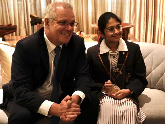 Theekshitha met then-PM Scott Morrison in Canberra in November as part of her prize. Picture: Adam Taylor