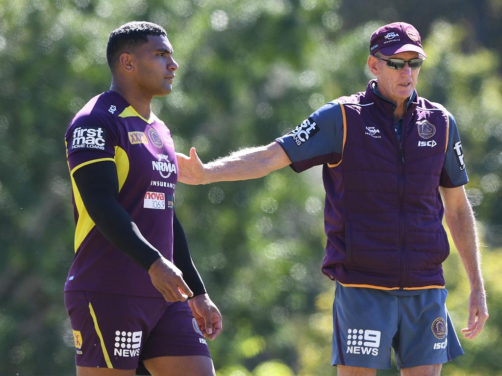 Tevita Pangai Junior and Wayne Bennett together at the Broncos in 2018. Picture: AAP Image/Dave Hunt