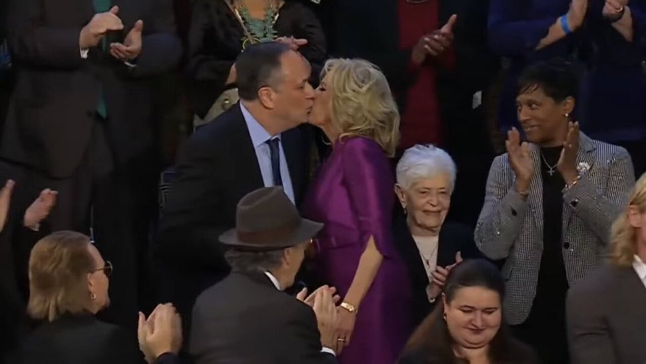 Jill Biden kisses Doug Emhoff, Kamala Harris� husband, at State of the ... pic