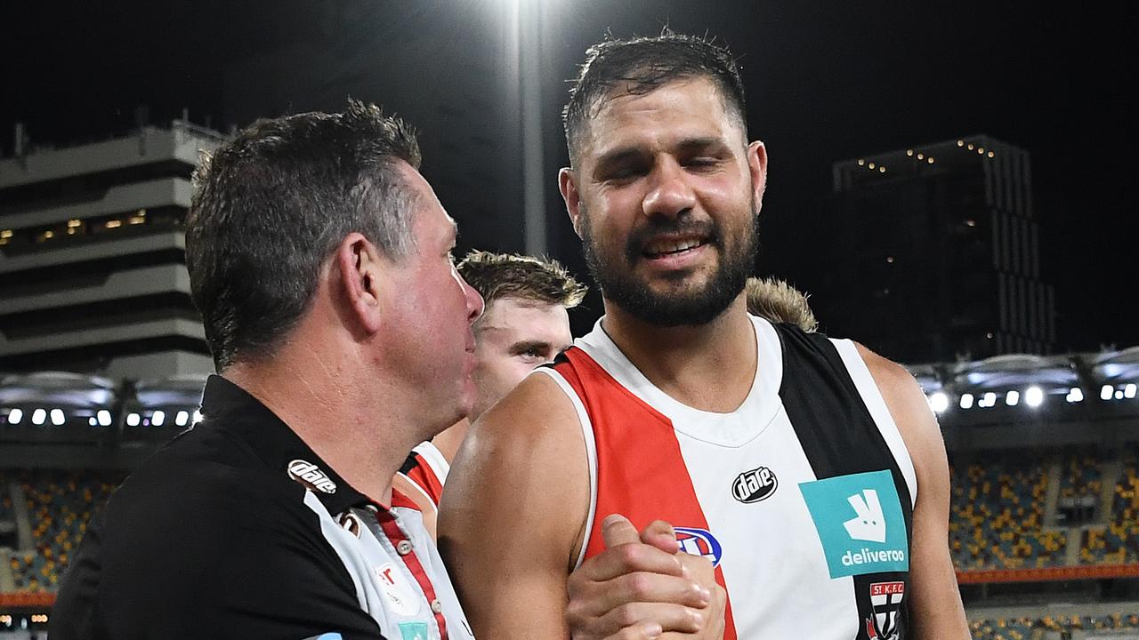 BRISBANE, AUSTRALIA - OCTOBER 03: Saints coach Brett Ratten and Paddy Ryder of the Saints celebrate after the Saints defeated the Bulldogs during the AFL Second Elimination Final match between the St Kilda Saints and the Western Bulldogs at The Gabba on October 03, 2020 in Brisbane, Australia. (Photo by Quinn Rooney/Getty Images)