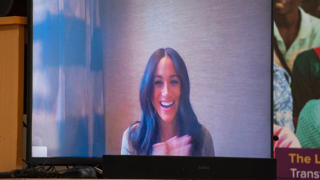 Meghan, Duchess of Sussex, appeared via Skype during Prince Harry’s visit to a college in Malawi. Picture: Getty Images