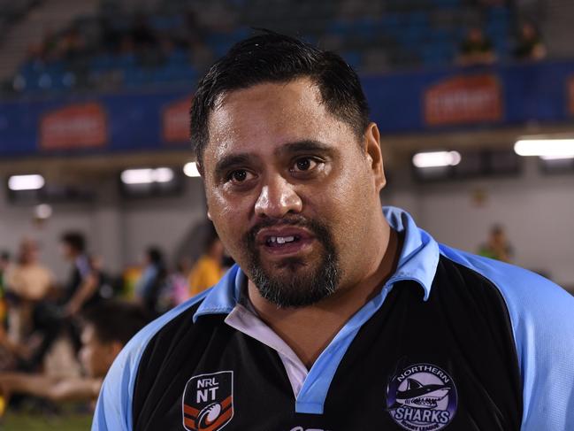 Gracious Northern Sharks coach PD Downes congratulates Palmerston Raiders after losing the NRLNT Grand Final 2022. Picture: (A)manda Parkinson