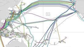 The approximate routes of fibreoptic lines that stretch across the ocean floor. Source: Creative Commons/TeleGeography