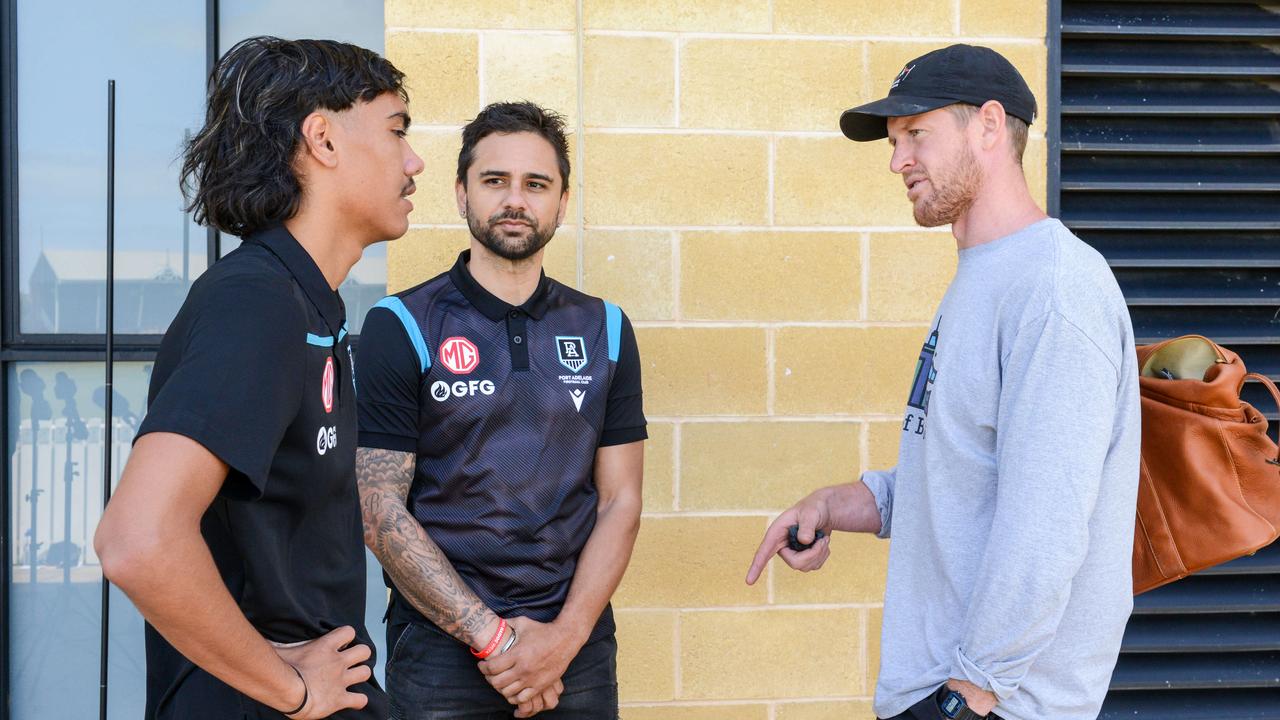 Port Adelaide recruit Jase Burgoyne meets Power captain Tom Jonas at Alberton Oval. Picture: Brenton Edwards