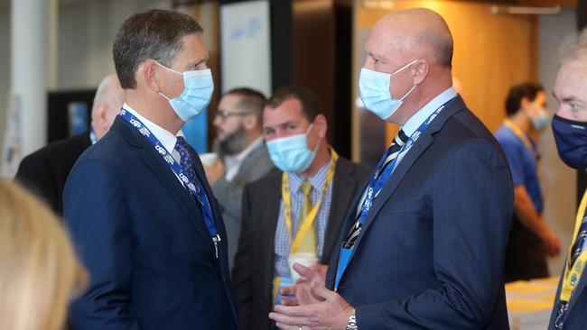 Newly-elected LNP president Lawrence Springborg and Peter Dutton chat during the LNP State Conference. Picture: NCA NewsWire / Richard Gosling