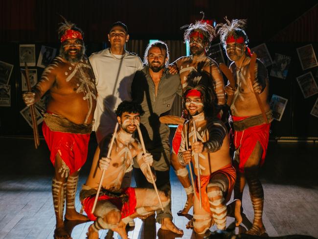 J-MILLA, Xavier Rudd and the Kabi Kabi dancer’s behind the scenes while filming the Ball and Chain music video. Picture: Supplied.