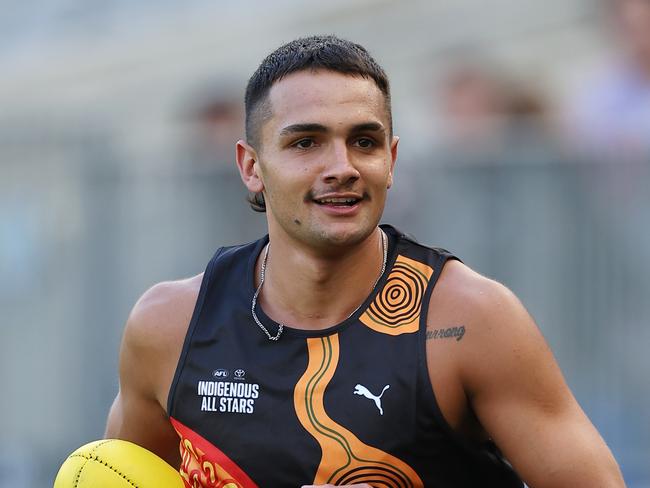 PERTH, AUSTRALIA - FEBRUARY 14: Jamarra Ugle-Hagan of the Indigenous All Stars during an AFL Indigenous All Stars training session at on February 14, 2025 in Perth, Australia. (Photo by Will Russell/AFL Photos/via Getty Images)