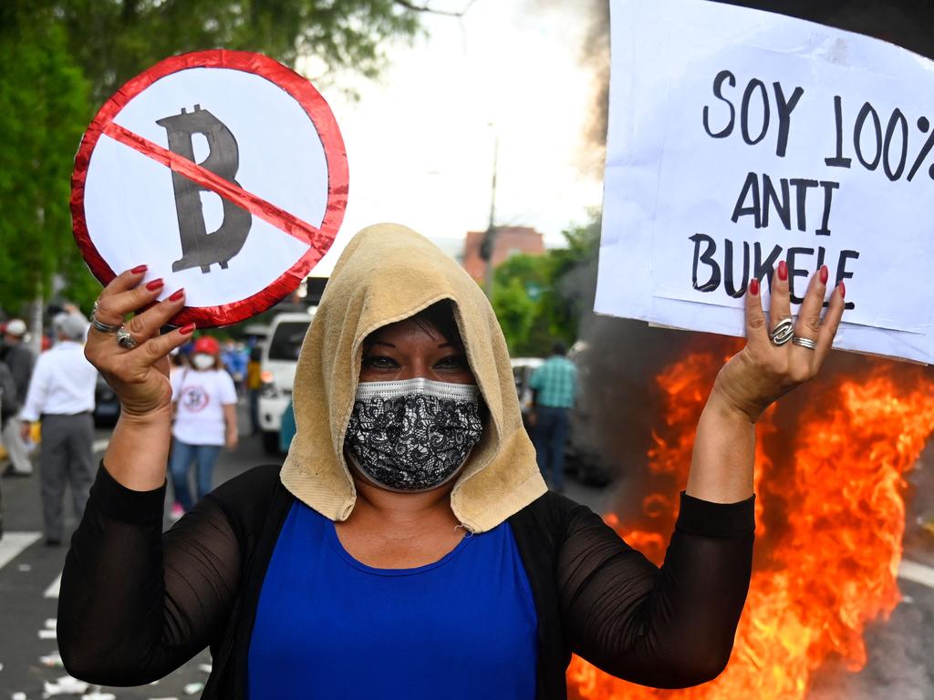 A woman protests against the circulation of Bitcoin in San Salvador on September 7. Picture: AFP