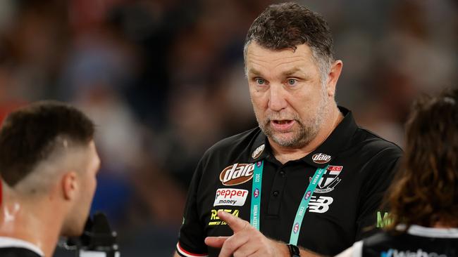 Stand-in coach Brendon Lade talks to his players. Picture: AFL Photos via Getty Images