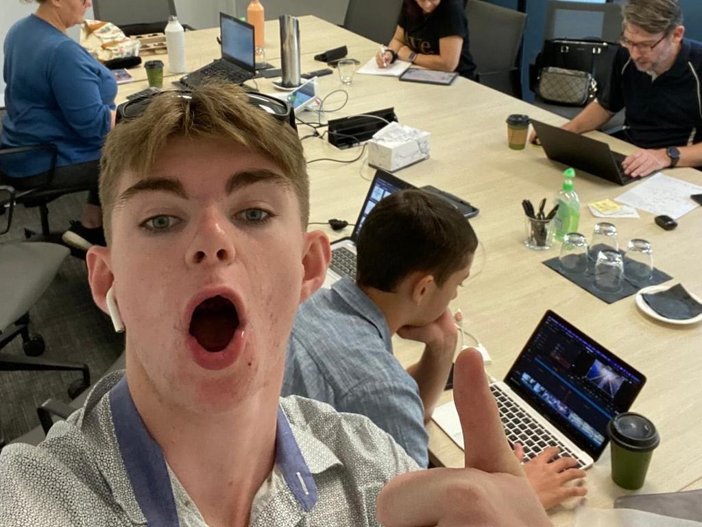 School based apprenticeship student Braith Mansfield (foreground) having fun during a business meeting for Elm Professional Services where he and fellow student Tahmana Rudolph are basically running the digital marketing side. Picture: supplied
