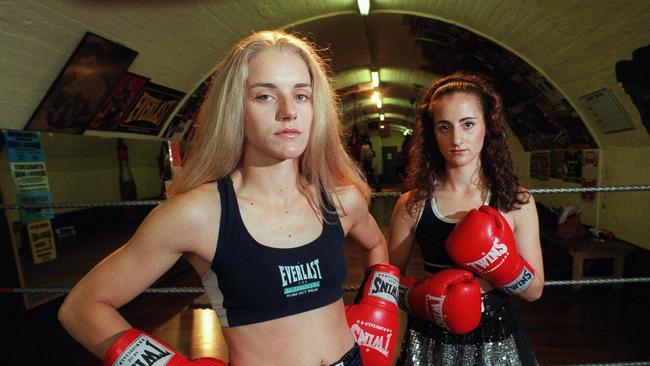 Female kickboxers Laura Skinner and Joanne Falzon ready to fight on March 18, 1998.