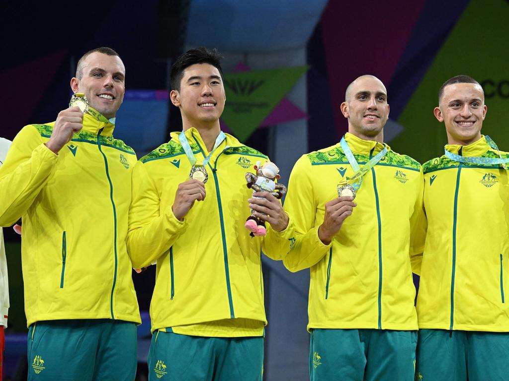 Australia celebrating their 4x100m freestyle win. Picture: Andy Buchanan / AFP