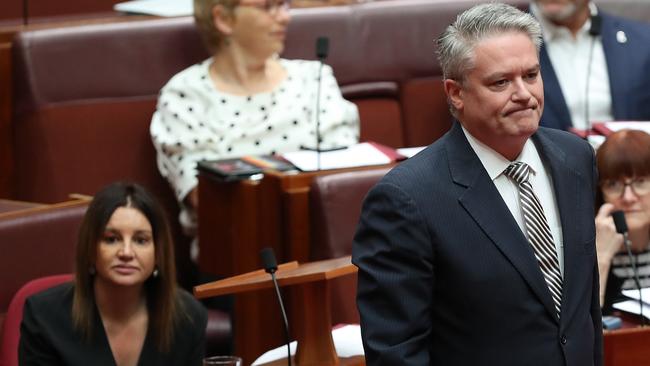 Senator Mathias Cormann returns to his seat after talking with Senator Jacqui Lambie in the Senate Chamber. Picture: Kym Smith