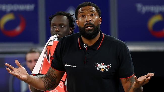 Illawarra coach Justin Tatum during Friday night’s heated clash with Melbourne United. Picture: Getty Images