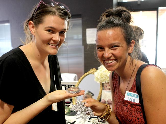 The annual Geelong Bridal Expo at Deakin Waterfront Campus. Brides to be Ashlee Crouch (L) and Rebecca Cracknell choosing wedding jewellery.