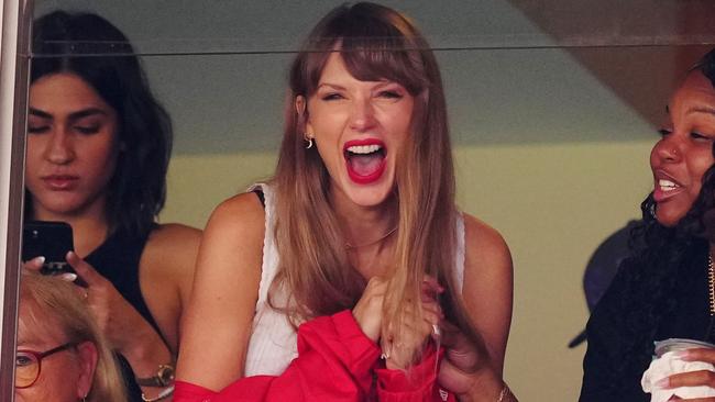 KANSAS CITY, MISSOURI - SEPTEMBER 24: Taylor Swift reacts during the first half of a game between the Chicago Bears and the Kansas City Chiefs at GEHA Field at Arrowhead Stadium on September 24, 2023 in Kansas City, Missouri. (Photo by Jason Hanna/Getty Images)