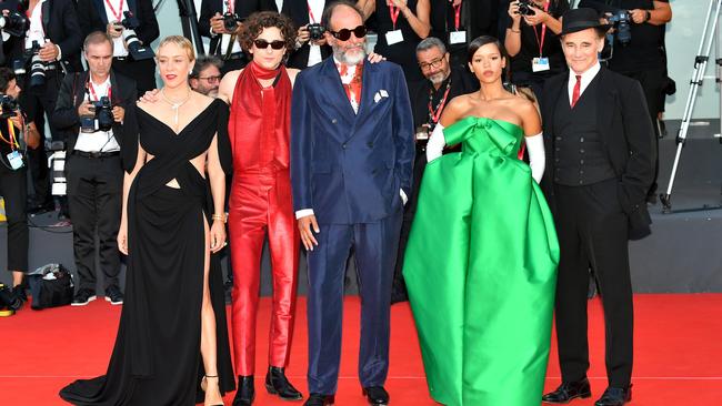 Chloe Sevigny, Timothee Chalamet, Luca Guadagnino, Taylor Russell and Mark Rylance attends the Bones And All red carpet. Picture: Dominique Charriau/WireImage