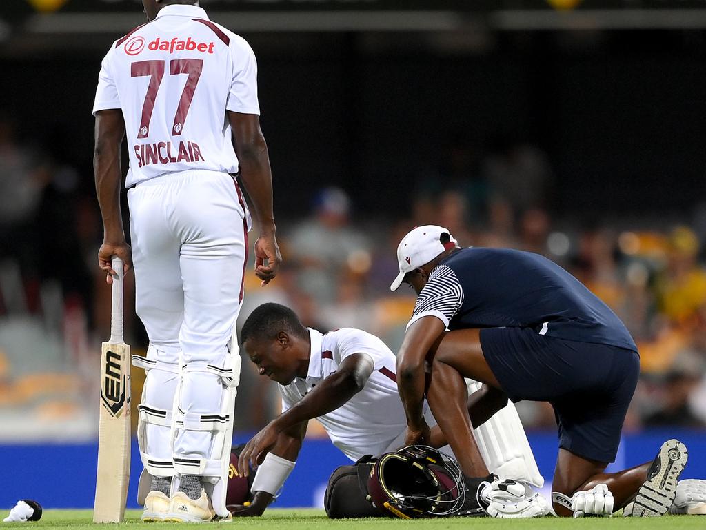 Shamar Joseph was sent for scans after being struck by a Mitch Starc thunderbolt. Picture: Bradley Kanaris/Getty Images