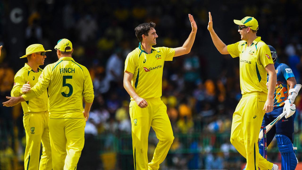 Pat Cummins (C) celebrates with teammates after taking a wicket against Sri Lanka. Picture: Ishara Kodikara.