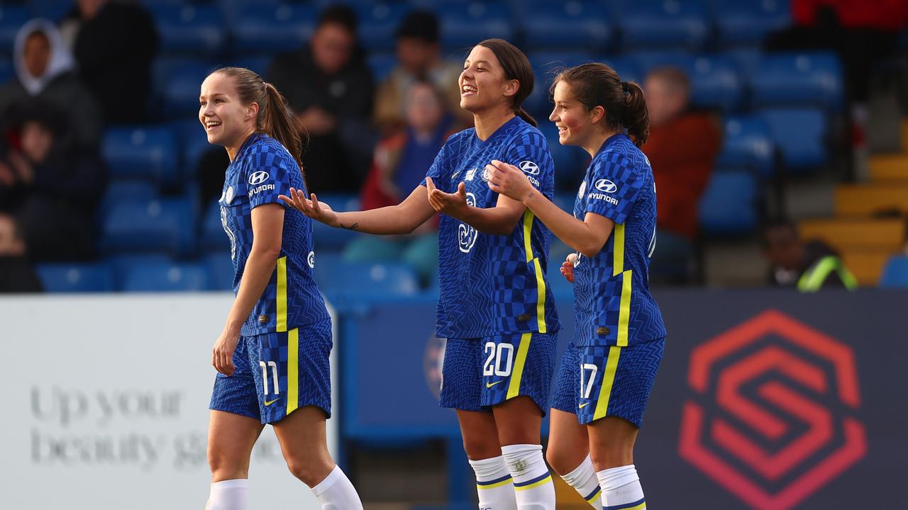 Sam Kerr (centre) celebrates after scoring in Chelsea’s 5-0 thrashing of Birmingham City. Picture: Clive Rose/Getty Images