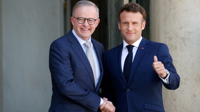 French President Emmanuel Macron welcomes Prime Minister Anthony Albanese at the Elysee Presidential Palace. Picture: Getty Images
